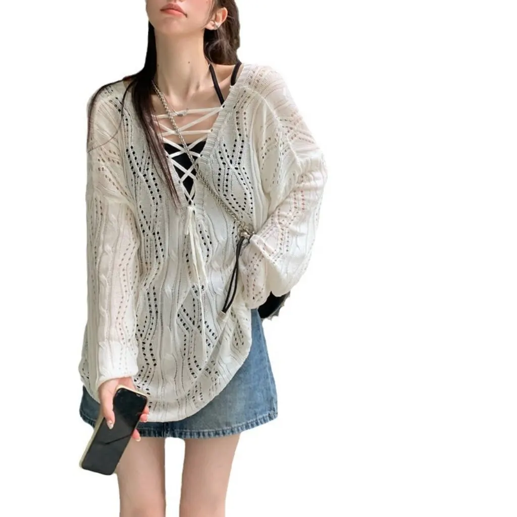 

White Knitted Blouse for Women Spring Sling Top Hollow-out Backless Design New Lazy Style Casual Fashion Top