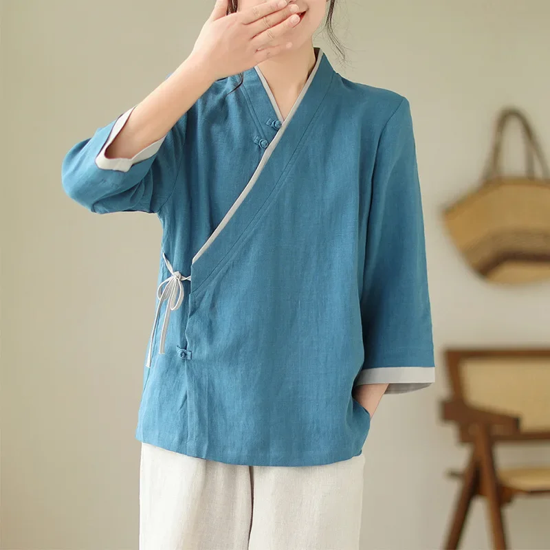 Новая одежда Tang, женский улучшенный летний комплект одежды для чая Hanfu, буддийский китайский топ в стиле дзен