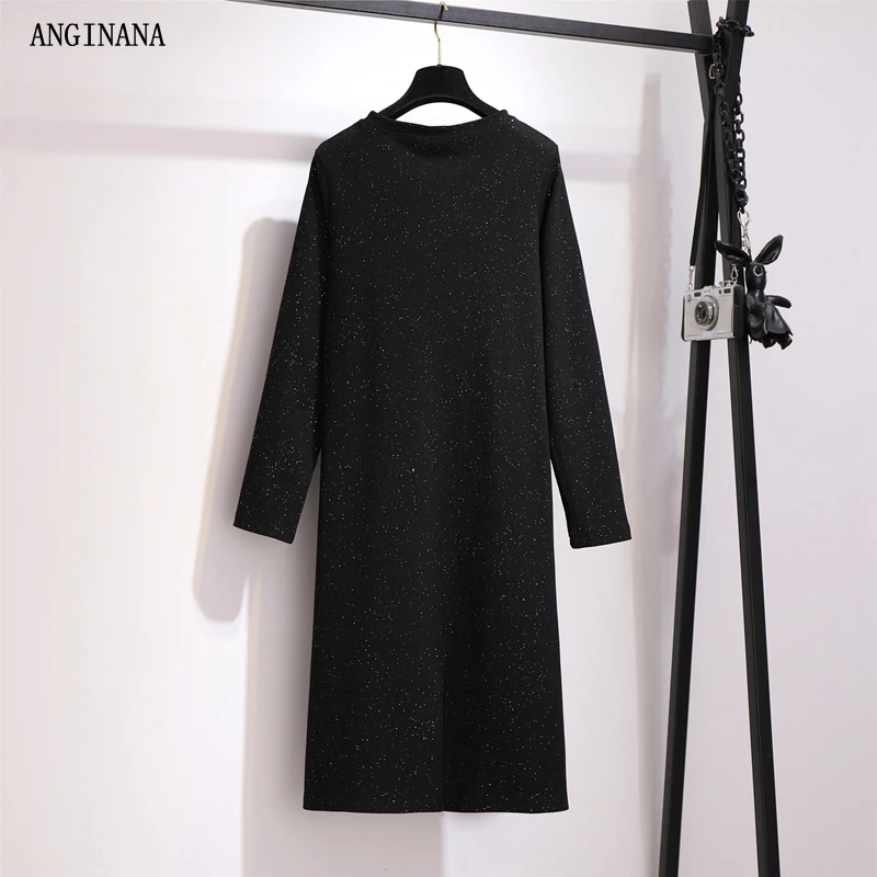 Autumn Large size 10xl 150kg Women's Dress big size 6xl 8xl Long Sleeve Round Neck Loose Large Elastic Back Split Black Dress