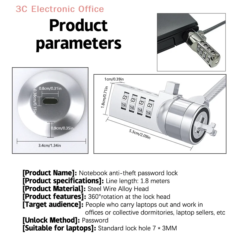 Universal USB Wedge-Shaped Hole Anti-Theft Wire Lock for Laptop and Tablets
