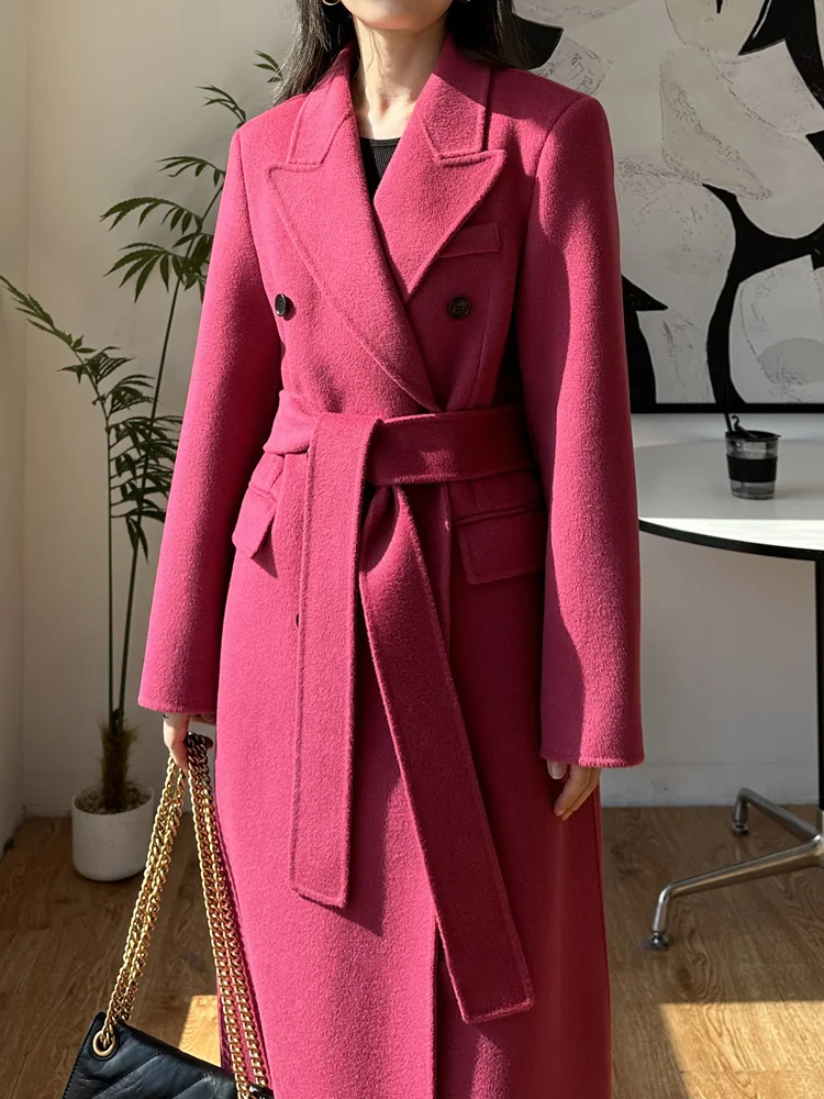 

High-end New Double-sided Wool Cashmere Coat Fashion Women Double Breasted Belt Medium Long Woolen Coat Lady Tide Autumn Winter