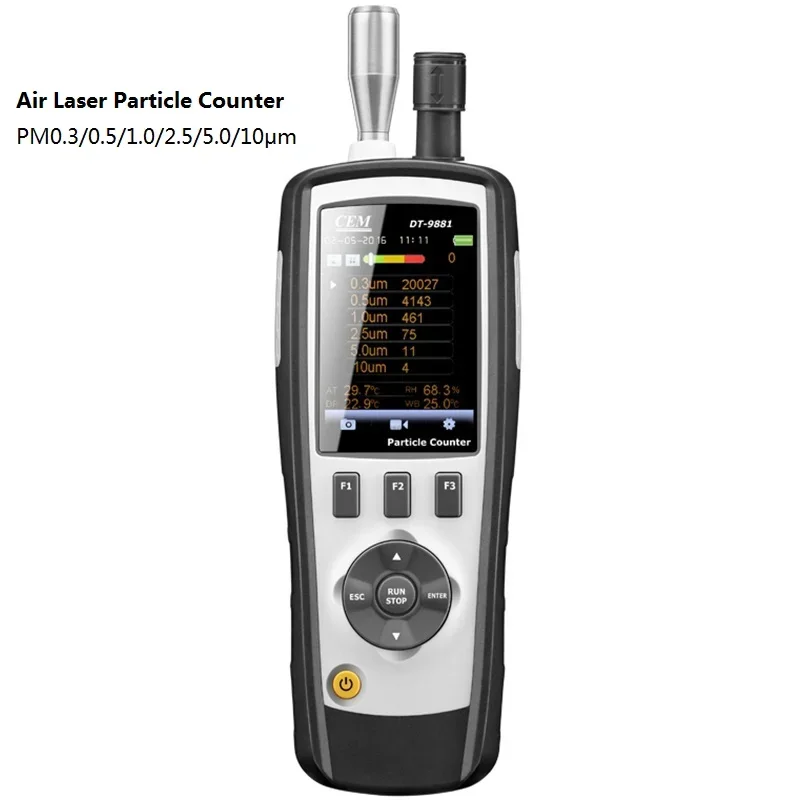 

CEM DT-9881 Air Particle Counter 6channels (0.3,0.5,1.0,2.5,5.0,10um) with 2.8 inch TFT Color LCD Display Photos Camera