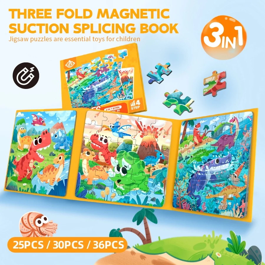 3-in-1 퍼즐이 포함된 접이식 자석 퍼즐 책, 난이도 업그레이드가 포함된 도전 게임, 어린이 교육 계몽, 논리적 사고 및 상상력 발달 장난감, 재미있는 만화 공룡 테마 패턴, 3세 이상 남아 및 여아에게 적합한 선물