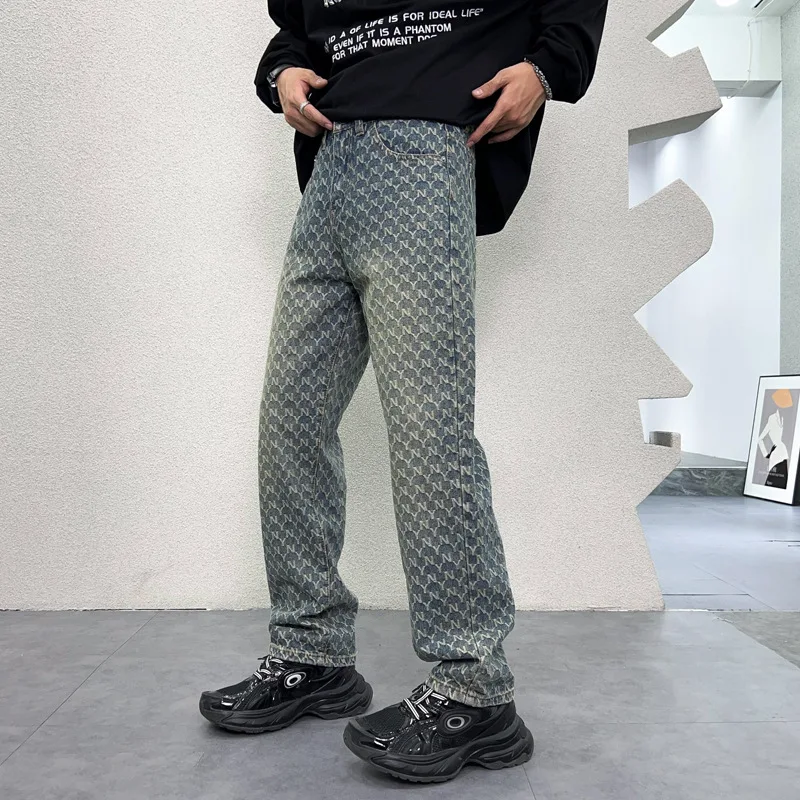 

Vintage Jeans for Men 2024 New Fall Men's Clothing Fashion Full Print Design Straight Loose Wide Leg Denim Trousers