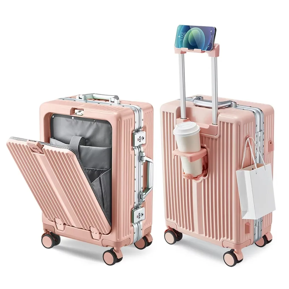 Aluminum Alloy Frame Suitcase Front Open Pocket Suitcase Rolling Luggage Cabin Carry on Suitcase Trolley Case Luggages 20/24inch