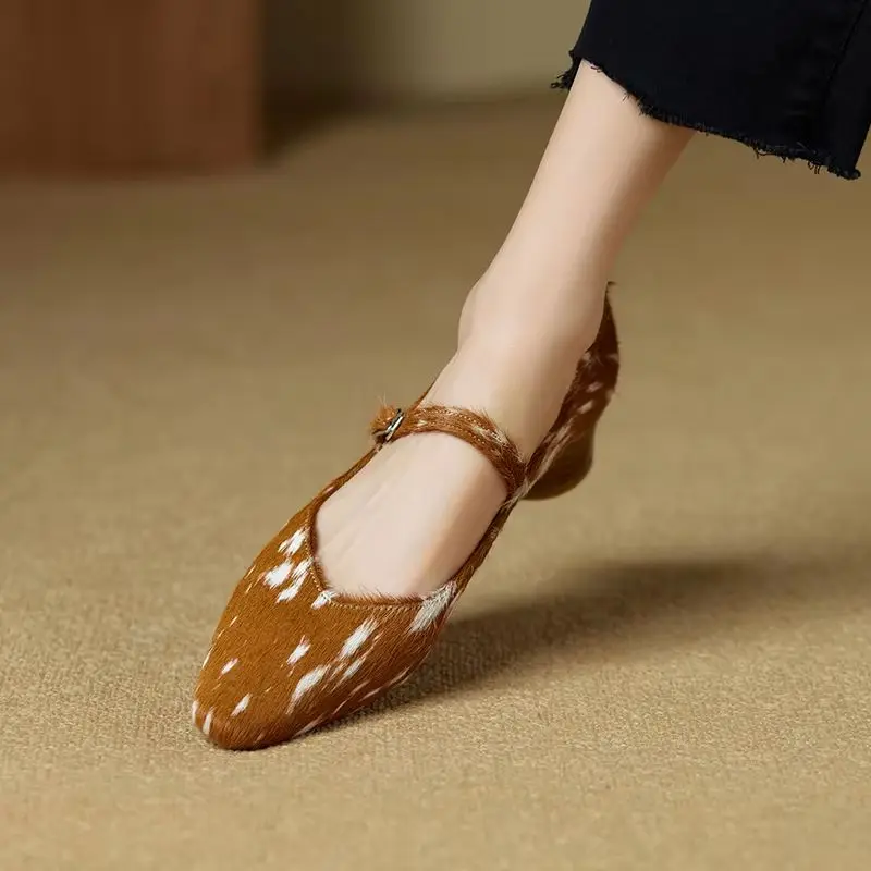 Leopard Pony Hair Mary Jane Shoes - Genuine Leather Pointed Toe