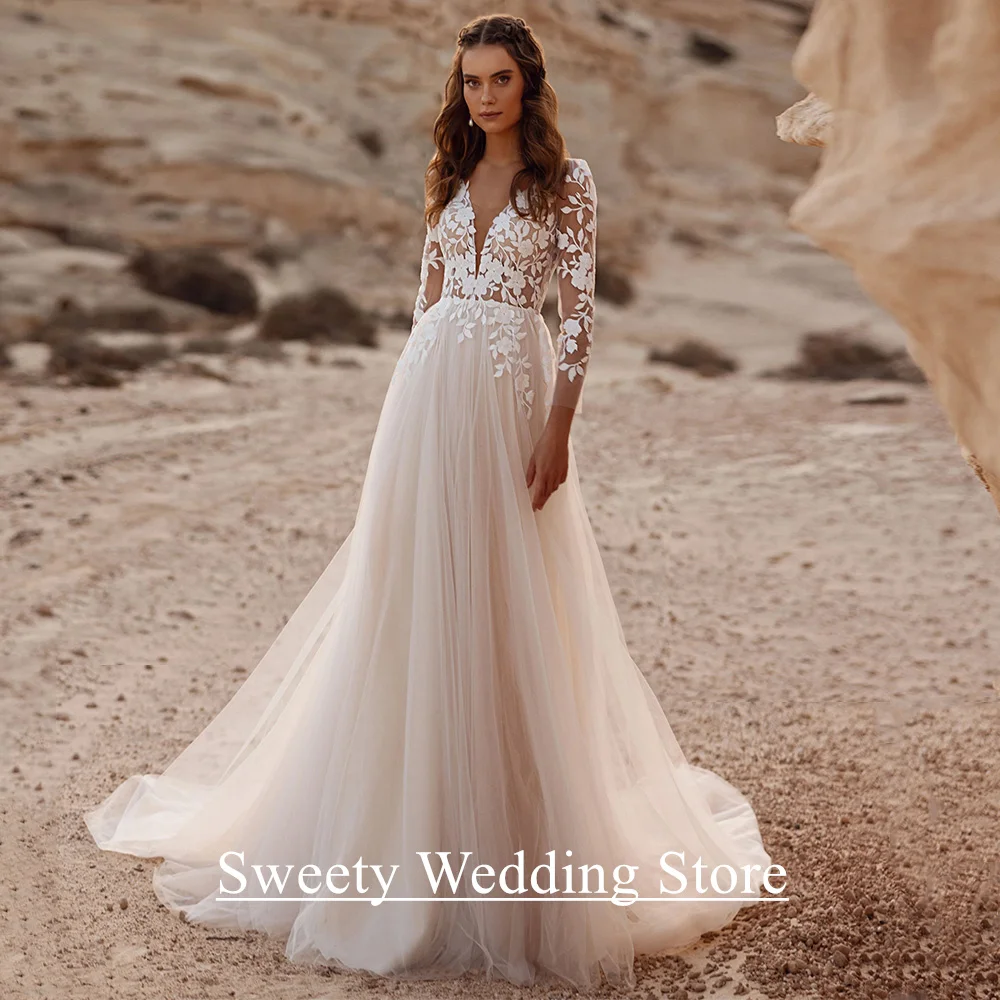 Bezauberndes Hochzeitskleid, Vestido De Noiva, maßgeschneidert, lange Ärmel, V-Ausschnitt, durchsichtig, Applikation, Tüll, Sweep-Zug, Brautkleider
