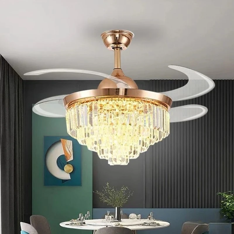 K9 Crystal Ceiling Fan Light High Speed Hidden Blades for Large Room Dining LED High Velocity Retractable Fan Blades Ceiling Fan