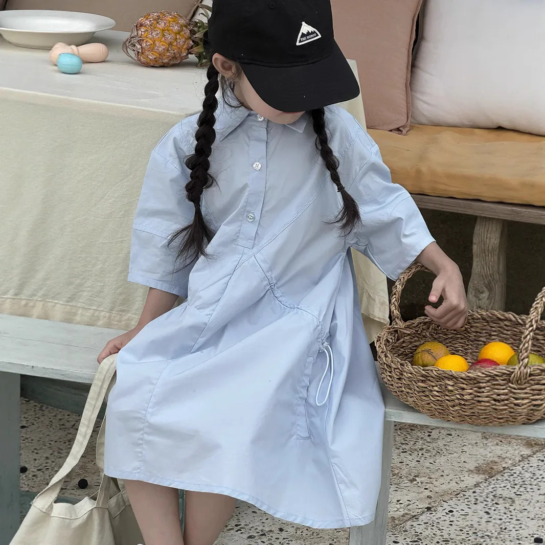 2025 New Korean College Style Shirt Dress for Girls Summer Children Solid High-end Exquisite Dress