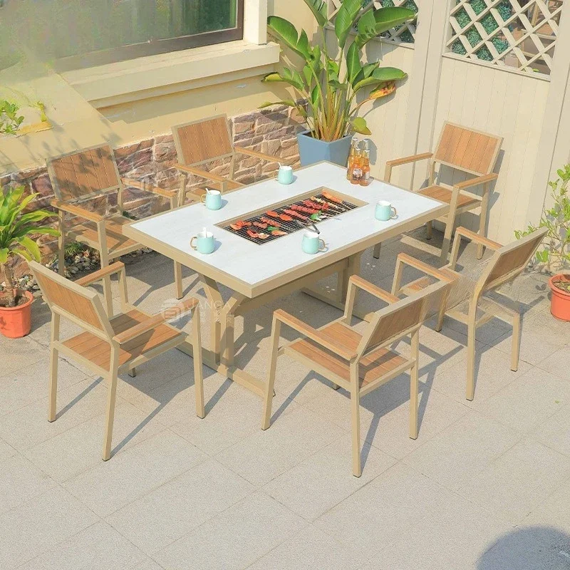 Вилла для отдыха, терраса, барбекю, стол и стулья для улицы, открытый двор, имитация древесины, длинное