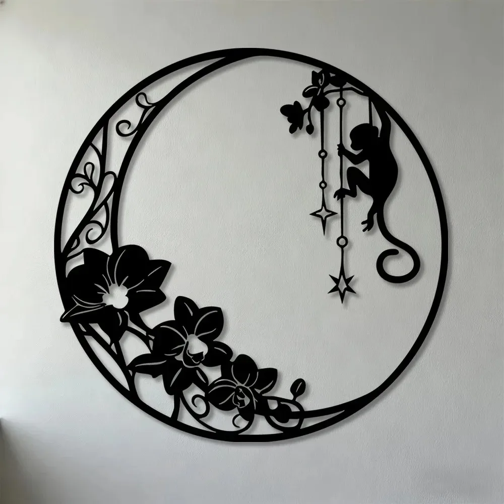 Monkey Orchid Iron Wall Art, 2D Flat Metal Sculpture, Chinese Cultural Home Decor Gift