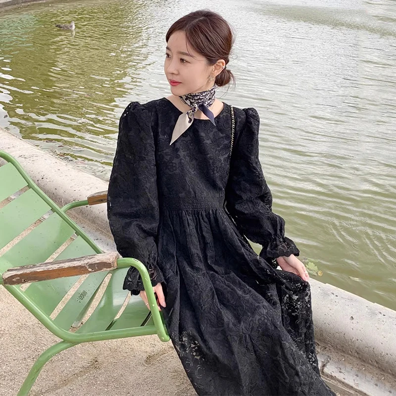 Neploe Chic French Palace Style Round Neck Heavy Industry Lace Hook Flower Vestidos Femme High Waist Slim Puff Sleeve Dress