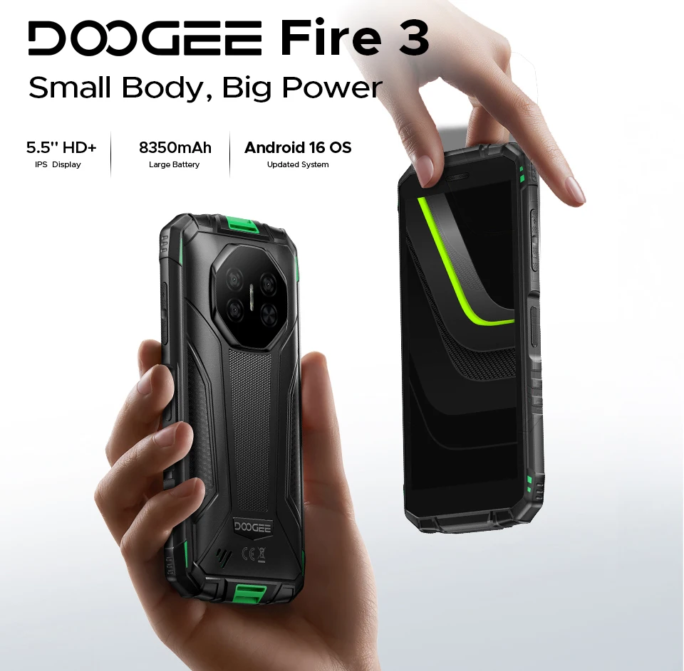 DOOGEE Fire 3 Rugged Phone 8350mAh Battery 5.5'' Display 12GB RAM (3GB+9GB) 64GB ROM Android 16 Smartphone Support Widevine L1