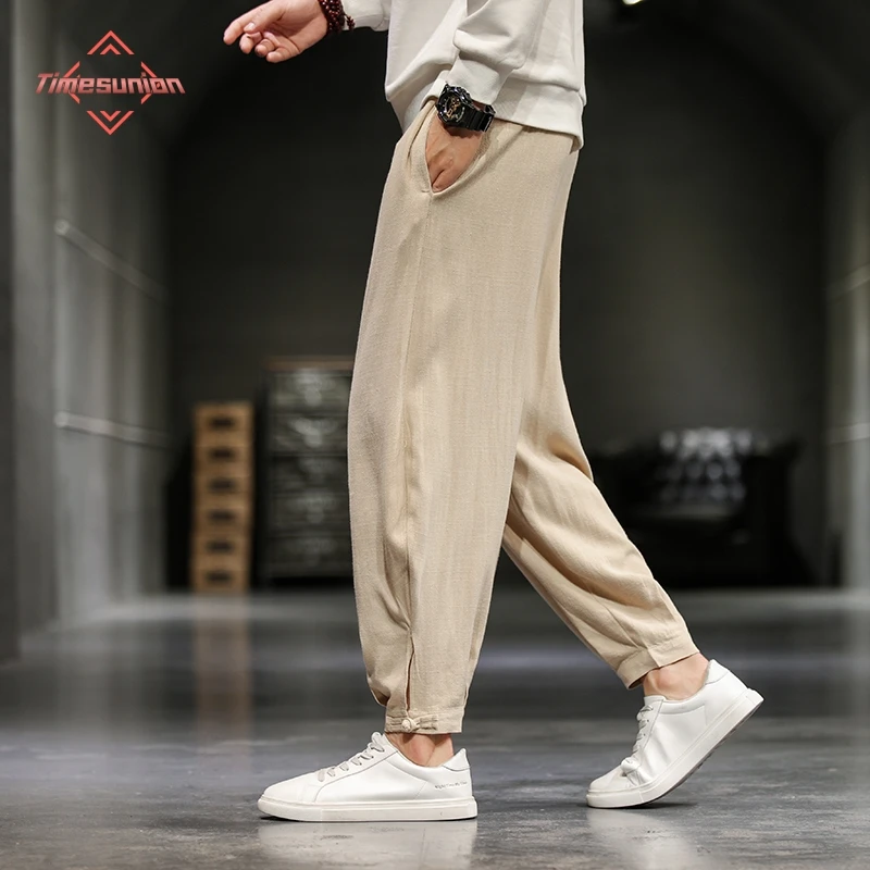 Chinese Style Summer Casual Pants Breathable and Comfortable Loose Cotton Linen Harem Pants Disc Buckle Ankle-Length Pants