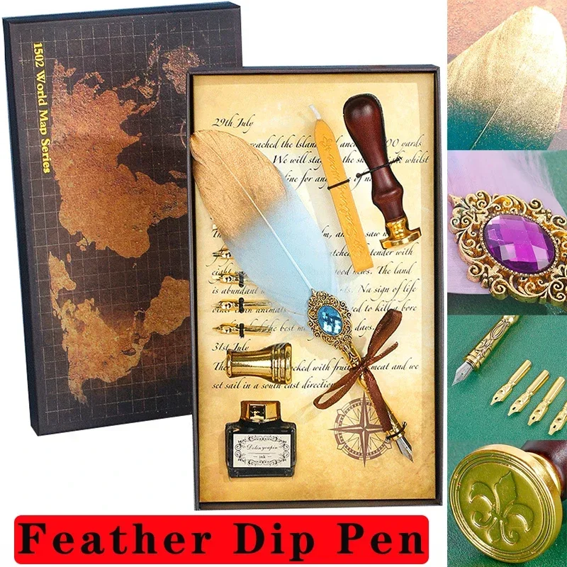 

Feather Pen Ink Bottles Set Classic Calligraphy Wax Ink Seal Stamp Set 5pcs Dip Pens Vintage Wood for Students Art Supplies DIY