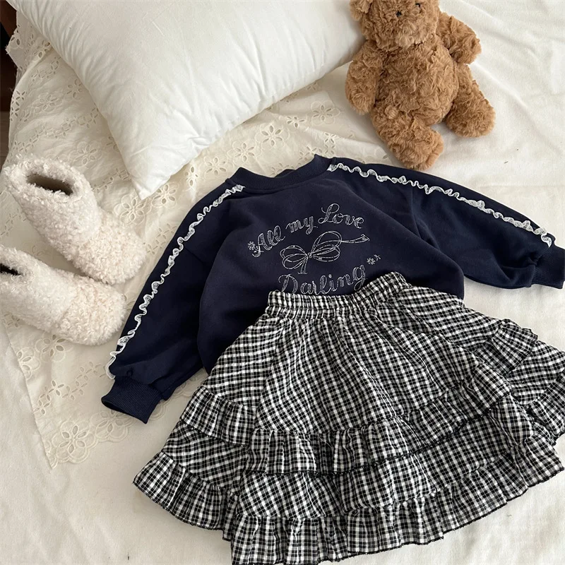 

25Autumn New Korean Children's Sweet Lace Sweatshirt Set for Girls with Bowknot Print Top+Pants2Pieces