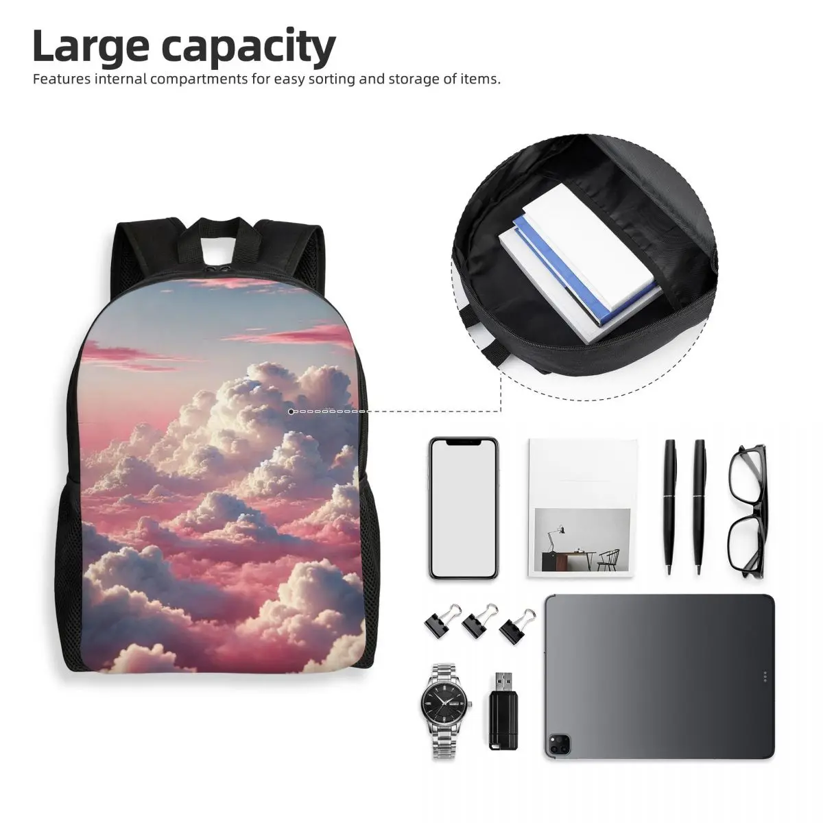 Pink Clouds Sky Large Sunset Glow Backpack Student Boys Girls BookBag School Bag Laptop Shoulder Bags