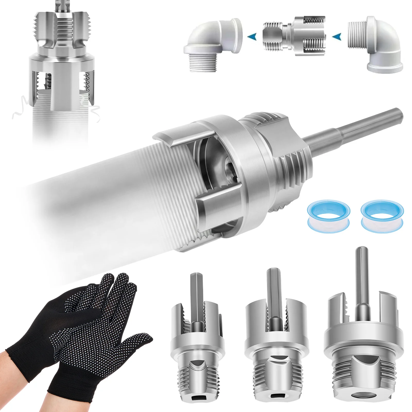 4 in 1 Water Pipe Thread Cutting Tool Integrated Internal External Pipe Threading Tool Electric Drill PVC Pipe Threader Kit