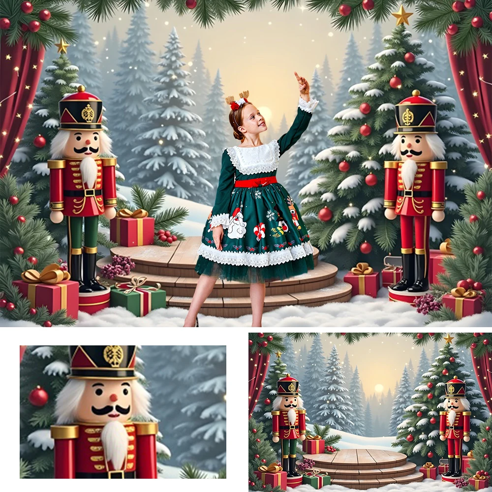겨울 크리스마스 호두까기 인형 사진 배경 크리스마스 트리 눈 덮인 풍경 어린이 성인 초상화 배경 사진 스튜디오 소품