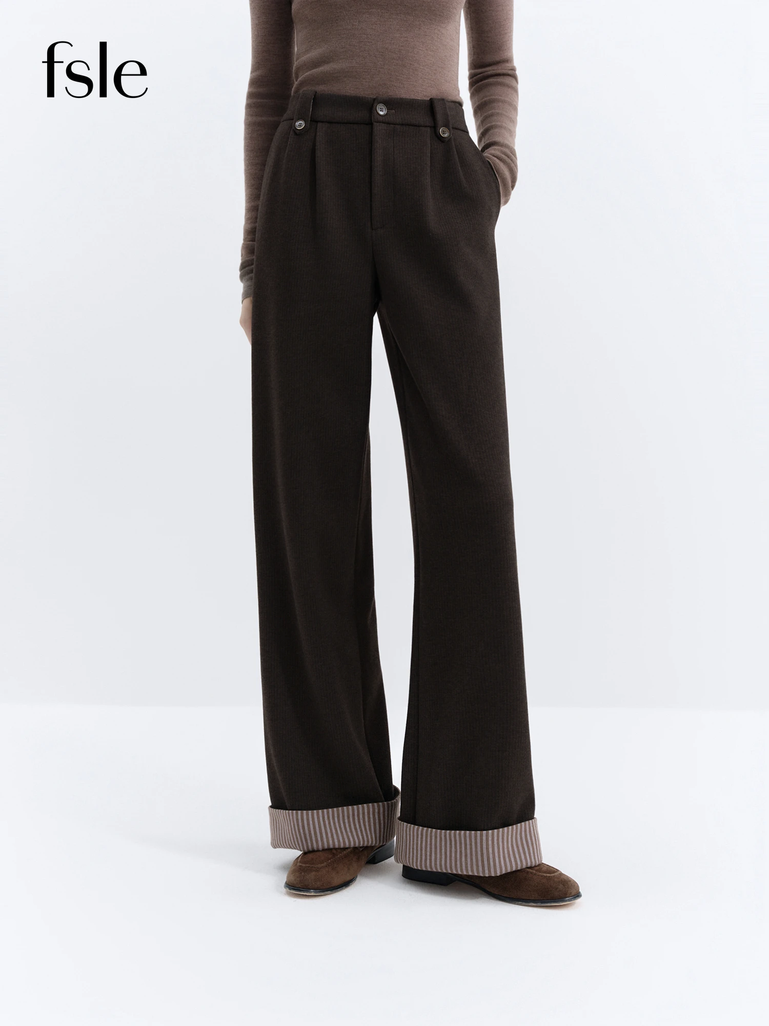 

FSLE шерстяные брюки в полоску для поездок на работу, новые широкие брюки с закрученными манжетами, осень-зима 2022, винтажные универсальные простые брюки