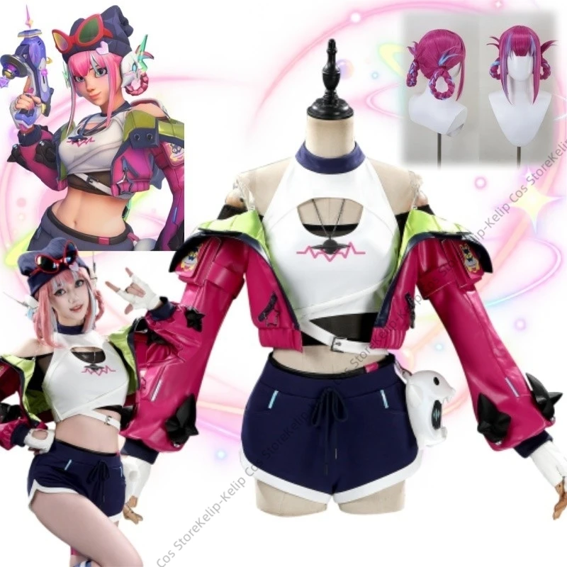OW2 Space Star Juno Cosplay Costume Full Set Yoasobi Pink Green Outfit Top Shorts Gloves Stockings Halloween Comic Con