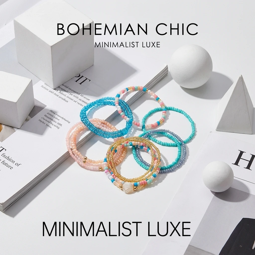 17-teiliges Boho Muschel-inspiriertes Perlenarmband-Set für Frauen Pastellfarbener Mehrlagiger Handgelenkschmuck Sommer Strand Urlaub Accessoires – Detail 2
