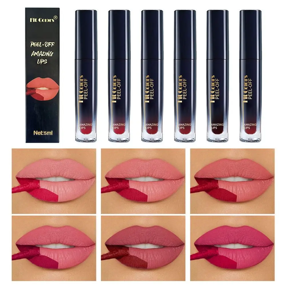 Nieuwe 6-kleuren Lip Liner Peel Langdurige waterdichte matte lippenstift Afscheurbare non-stick cup fluwelen lipglazuur