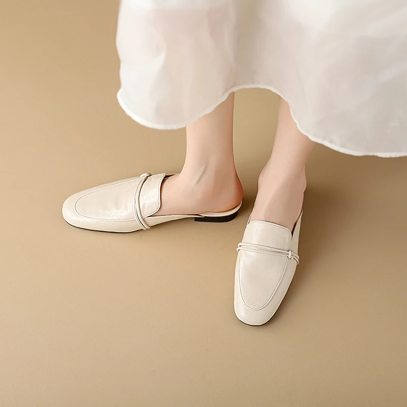 Cow Leather Square Toe Women Flats Casual Slippers Women Shoe Without Heel 2024 New Spring Autumn Mules Woman Simple White Shoes