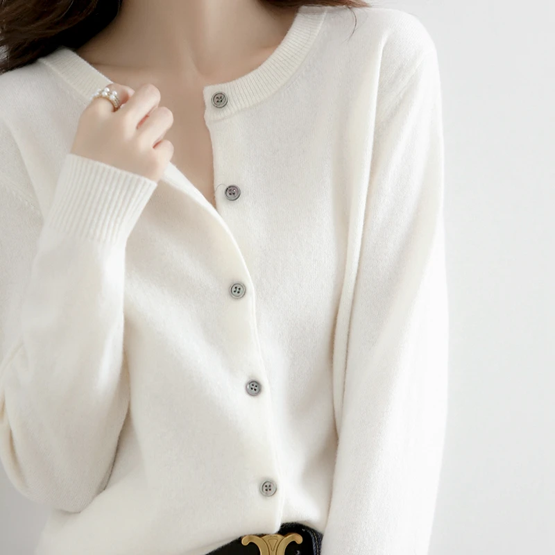 New cashmere cardigan in autumn and winter women\'s round neck loose long sleeve sweater solid color knitted top