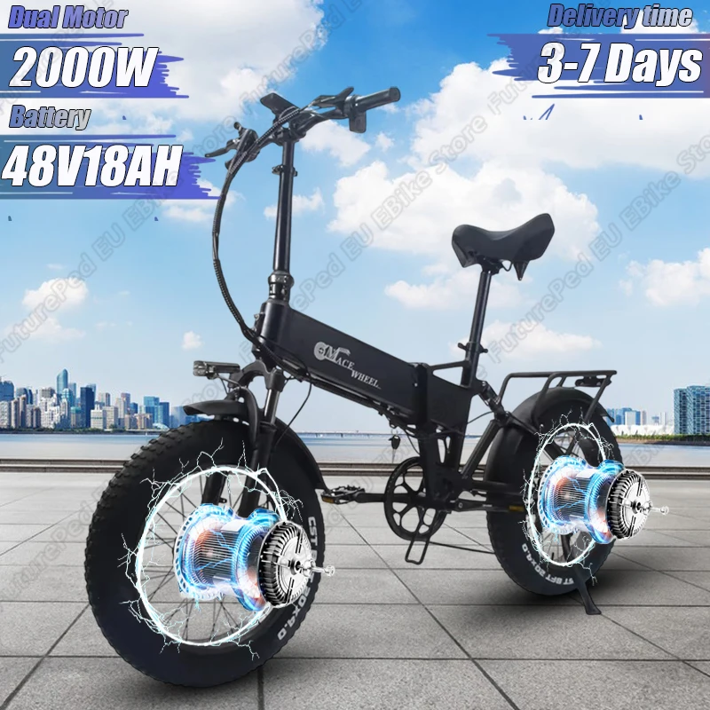 2000W Powerful Dual Motor Ebike 48V18AH Removable Battery Foldable City Electric Bicycle 20*4.0-In Fat Tire Aldult Electric Bike