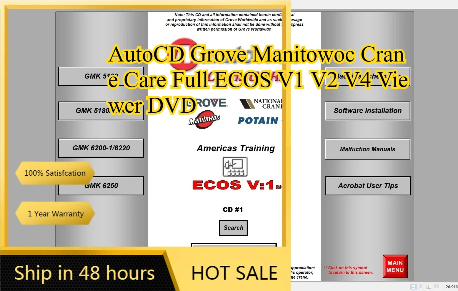 

AutoCD Grove Manitowoc Crane Care Full ECOS V1 V2 V4 Viewer DVD