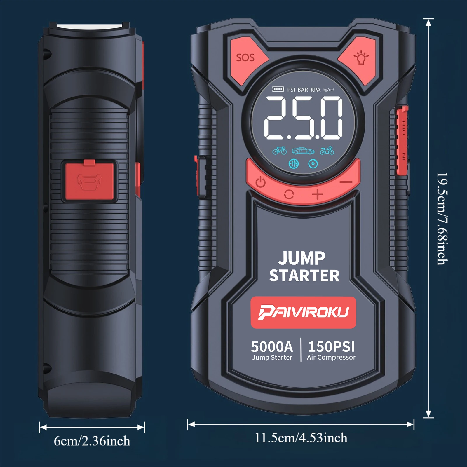 PAIVIROKU 5-in-1 Jump Starter with Air Pump 5000APeak Starter 150PSI Digital Tire Inflator Car Battery Jump Starter Power Bank - Image 6