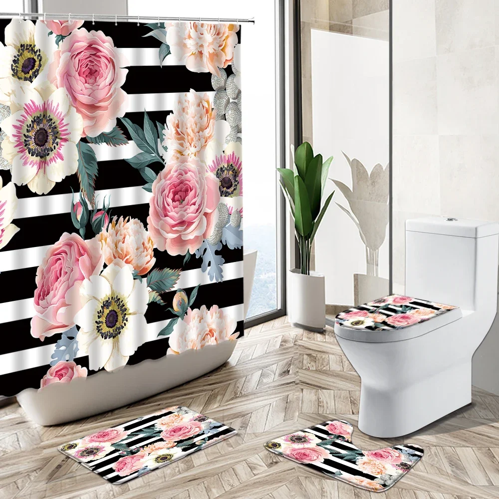 Black White Fashion Striped 3D Rose Flower Shower Curtain Plant Leaf Bird Non-Slip Pedestal Rug Toilet Cover Bathroom Deco Set