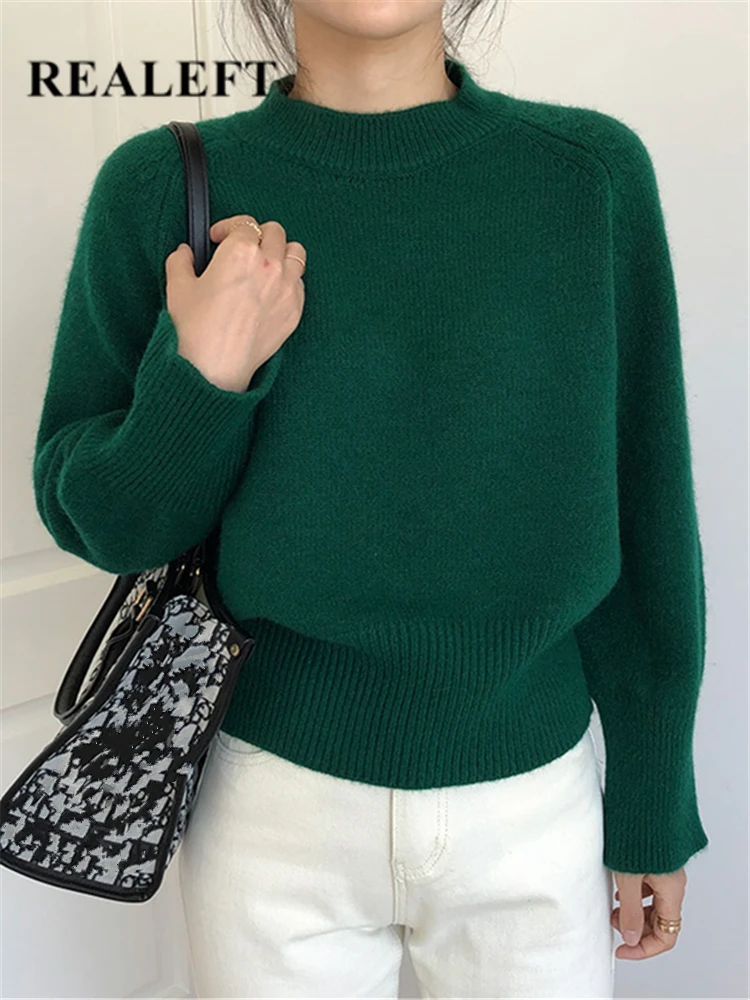 

REALEFT Autumn Winter Green Knitted Puff Sleeve Women Sweater 2022 New Round Neck Casual Pullover Sweater Solid Knitwear Female