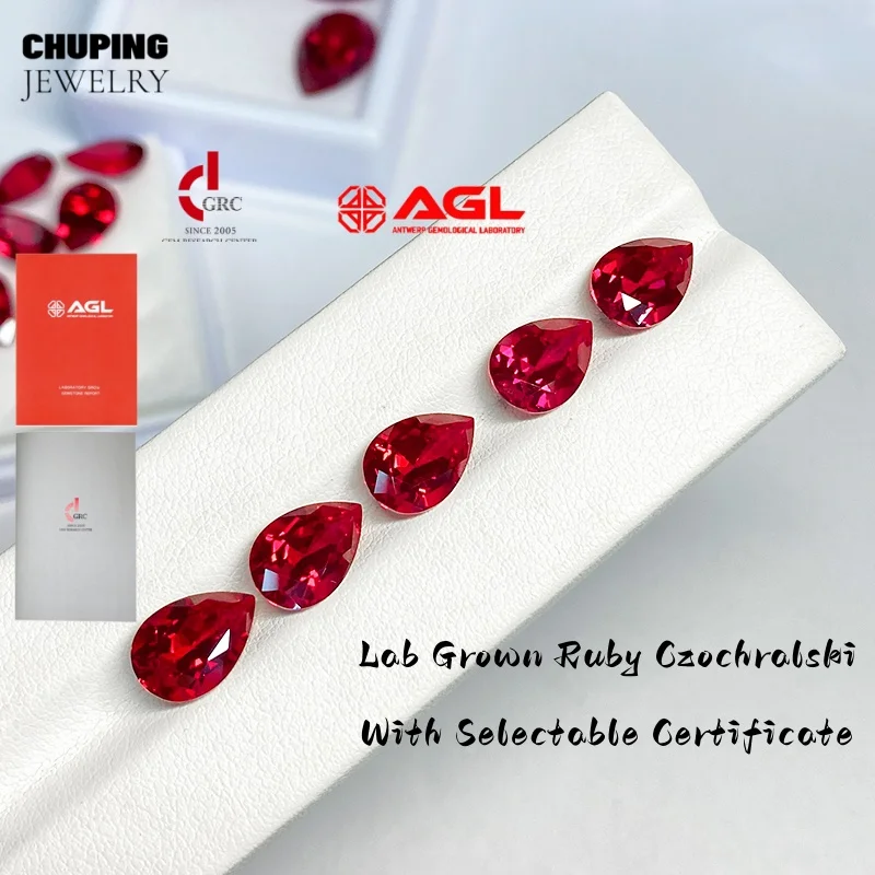 

Hot Sale Lab Grown Ruby Czochralski Pear Shape With AGL Certificate Synthetic Loose Cultivate Ruby For Earrings Jewelry Making