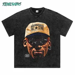 Men 2024 Dennis Rodman Tshirt Oversize Hip Hop Cotton Washed Tshirt Streetwear Vintage Harajuku Portrait Graphic Print T-Shirt