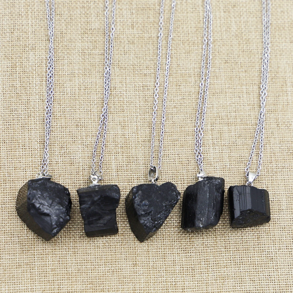 

Natural Stone Black Tourmaline Irregular Pendant Rough Healing Crystal Repair Raw Ore Cylinder Necklace Men Women Jewellry 12Pcs