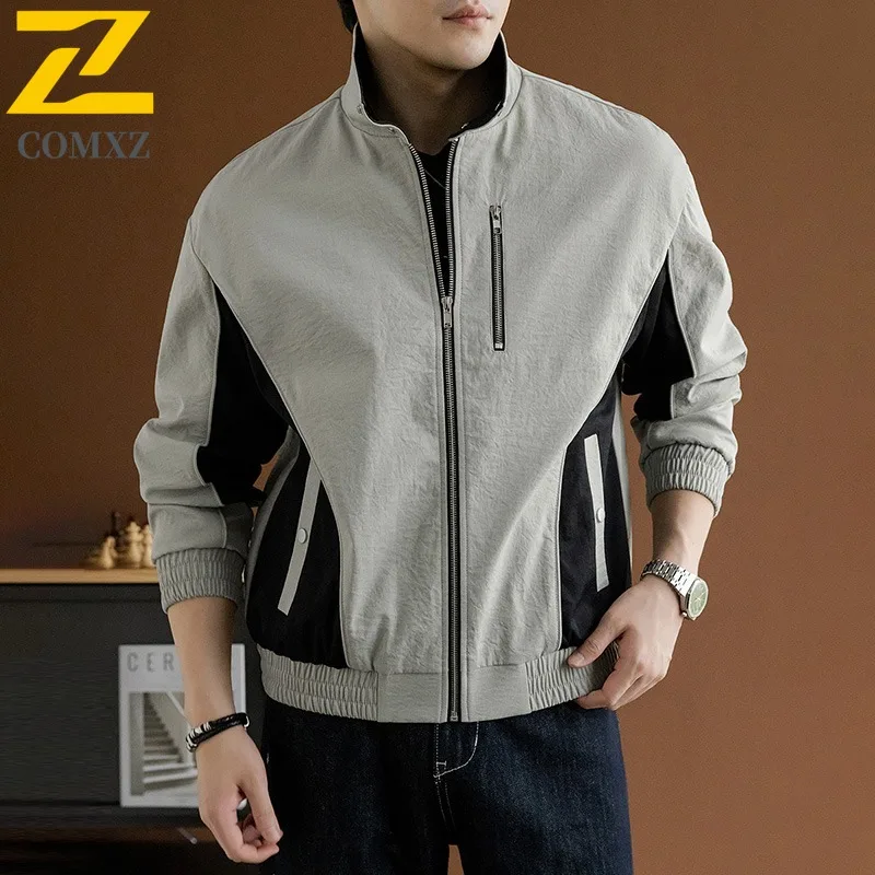 

2025 New Color Block Jacket Youth Stand Collar Workwear Style Casual Splicing Coat Autumn Teens Loose Fit Lightweight Jacket