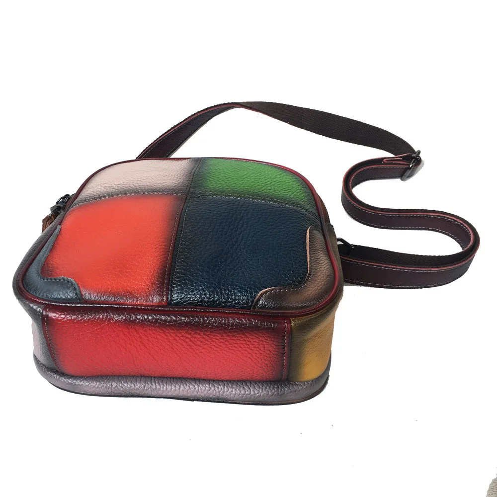 Women Vintage Brushed Genuine Leather Patchwork Phone Small Mini Side Sling Pouch Bag 80s Fashion Stylish Short Handle Handbag