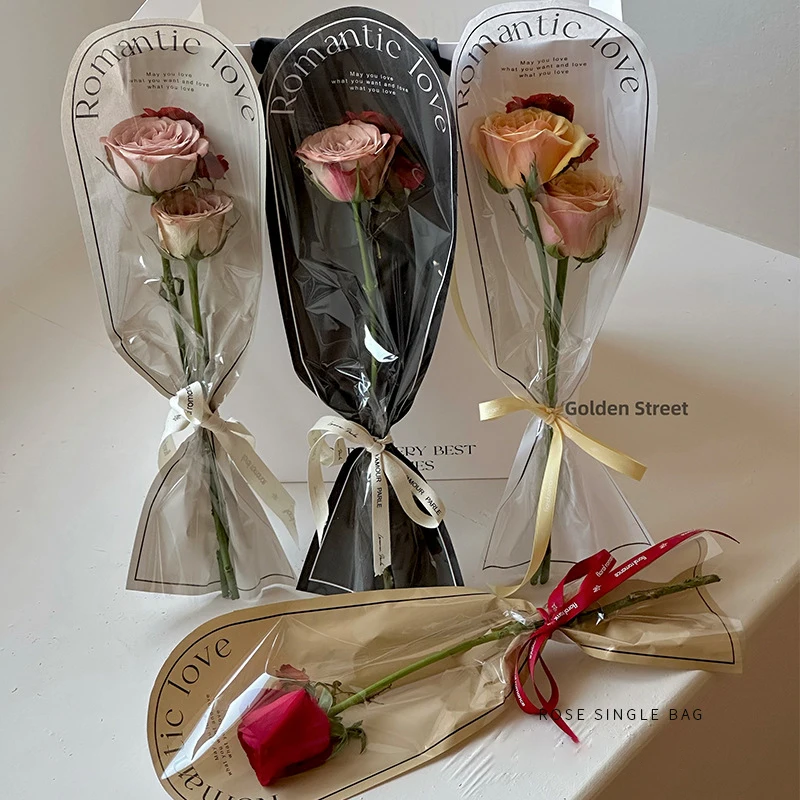 20pcs Romantic Love Transparent Rose Packaging Bags Flower Bouquet Plastic Bag Wrapping Paper One Straight Bag Flower Packaging