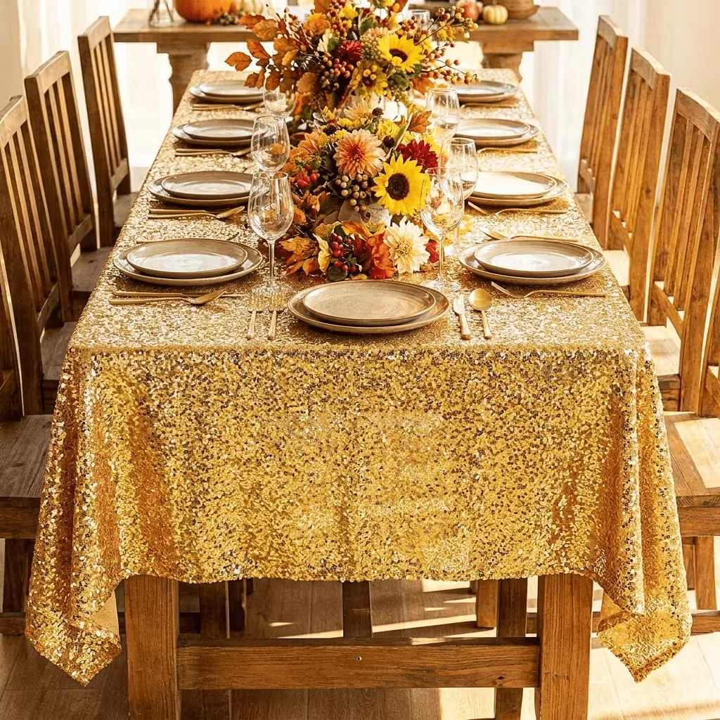 1pc Versatile Shiny Gold Table Cover, Ideal for Wedding, Autumn Harvest Party, Dining & Garden Events