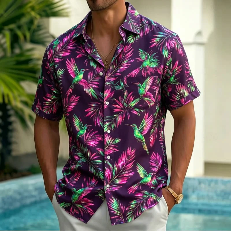 

Men's tropical bird feather vacation shirt, short sleeved shirt with pockets, suitable for casual beach vacation wear