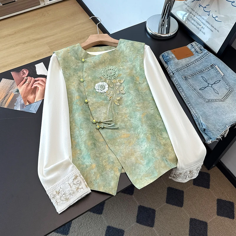 2026 Autumn New Chinese Style Embroidered Flower Women's Jacket Stand Collar Side Buttoned Elegant Vest Top