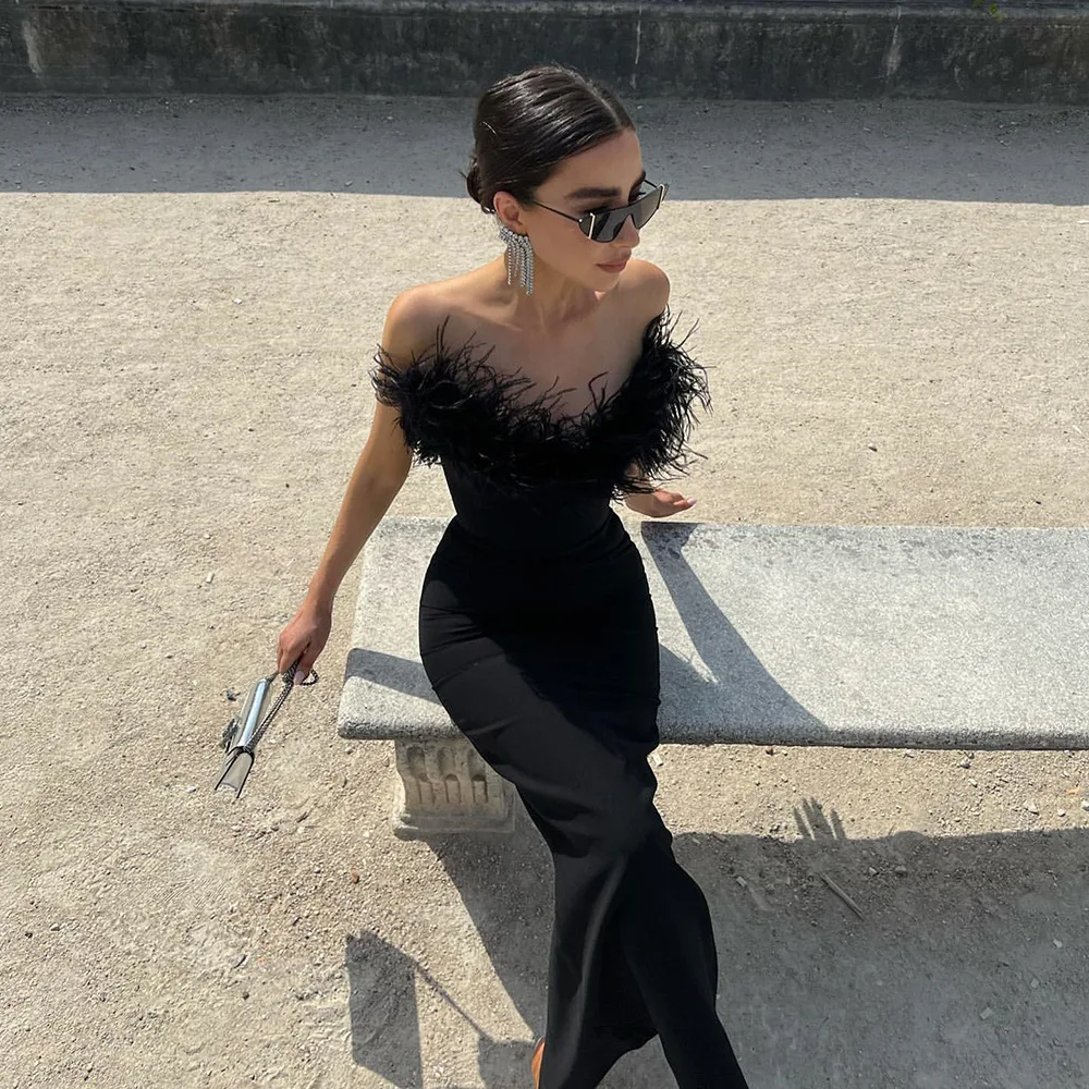 Women Patchwork Feather Cocktail Party Dress Elegant Chest Low Banquet Furry Long Prom Dress Waisted Slim Evening Gowns 2025 New