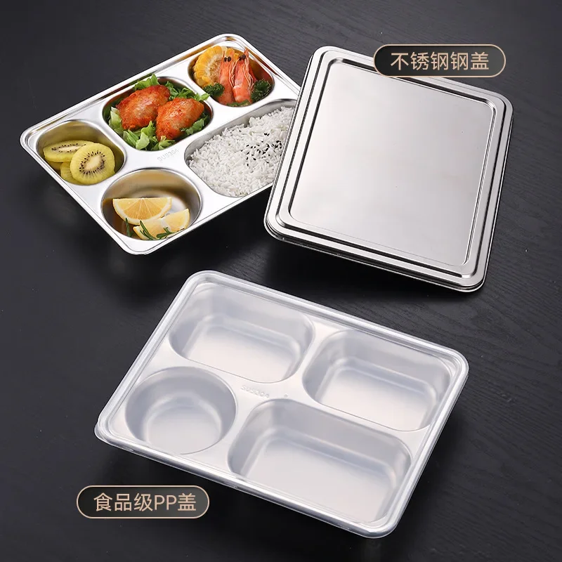 304 Stainless Steel Dinner Plate for School Canteen Compartment Fast Food Tray with Lid Divided lunch box Kitchen Tableware