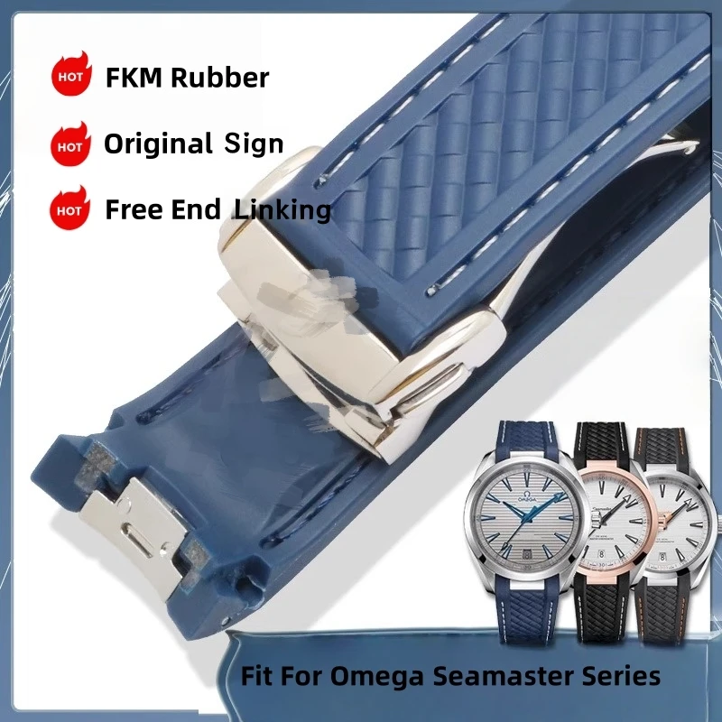 

Original FKM Rubber Watchband 20mm 21mm For Omega AT150 Seamaster 150 AQUA TERRA Diving Watch Strap Free Steel End Linking