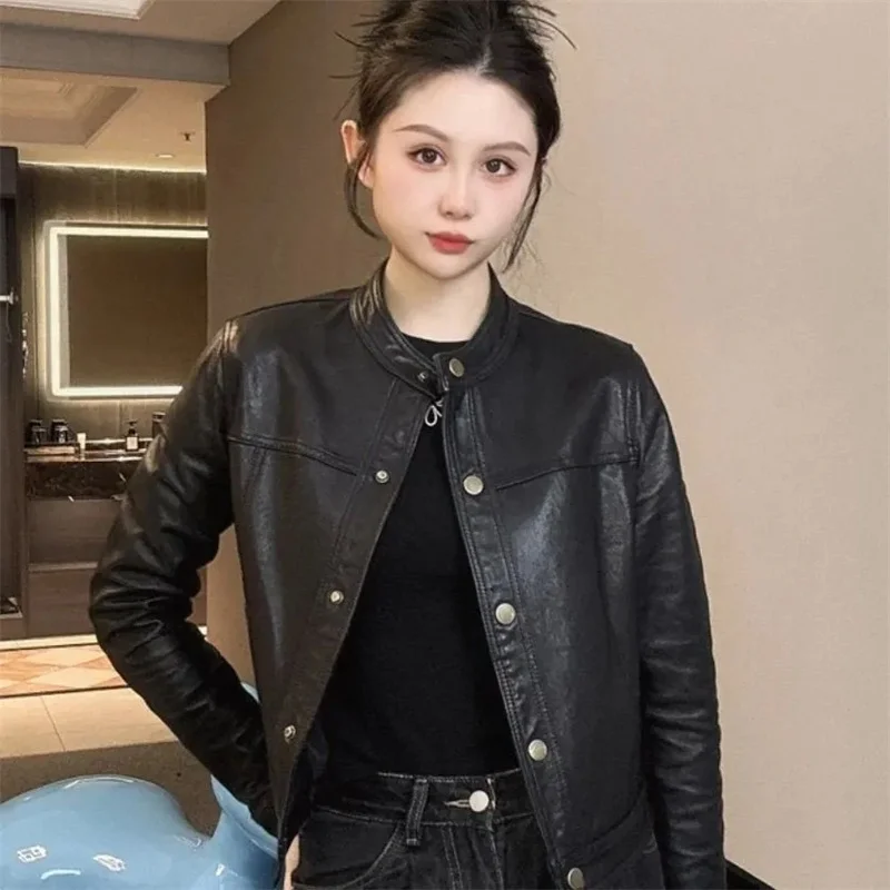 Korean Women Large Size 4XL Leather Coat 2026 Female Stand Collar Faux Leather Jacket Autumn Ladies Fashion PU Leather Outwear