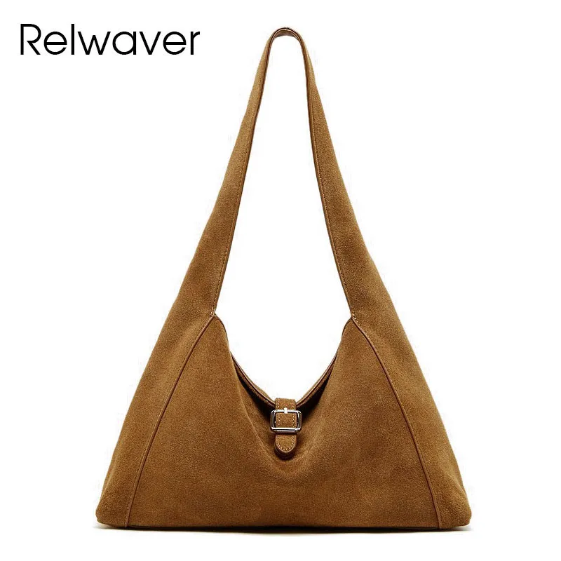 

Relwaver suede underarm bag soft shoulder bag commuting lady handbag 2026 spring brown coffee hobos versatile fashion women bag