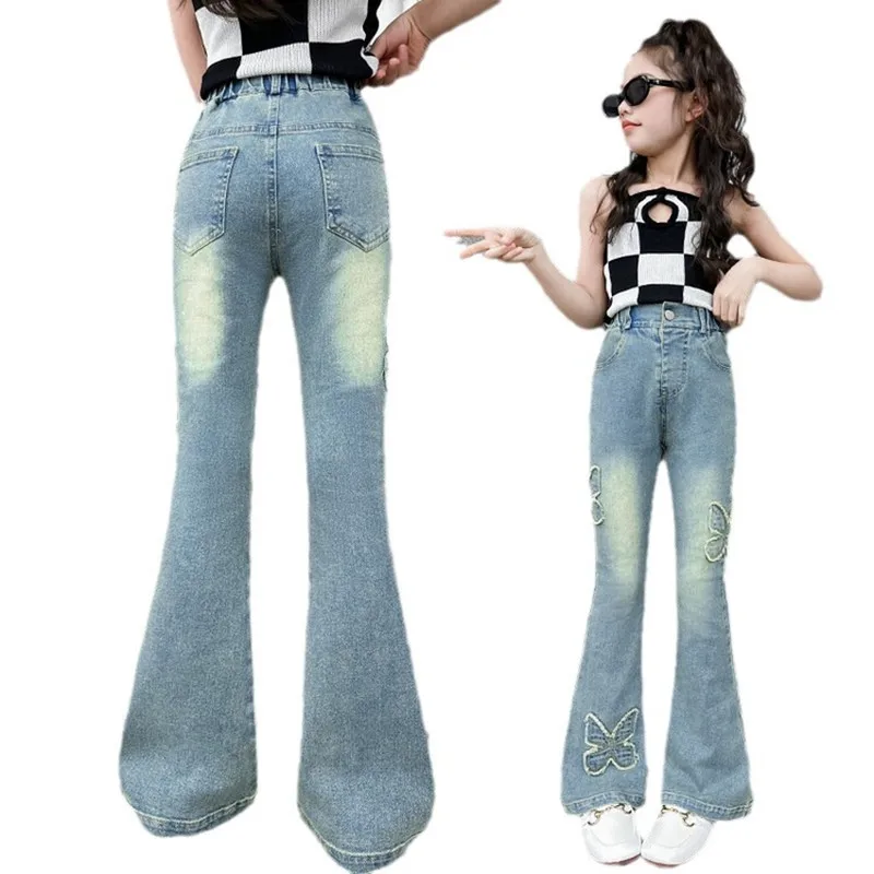 New Fashion Children\'s flared Pants Teen Girls Jeans Vintage Denim Trousers for 5 6 7 8 9 10 11 12 13 14 Years old kids Bottom