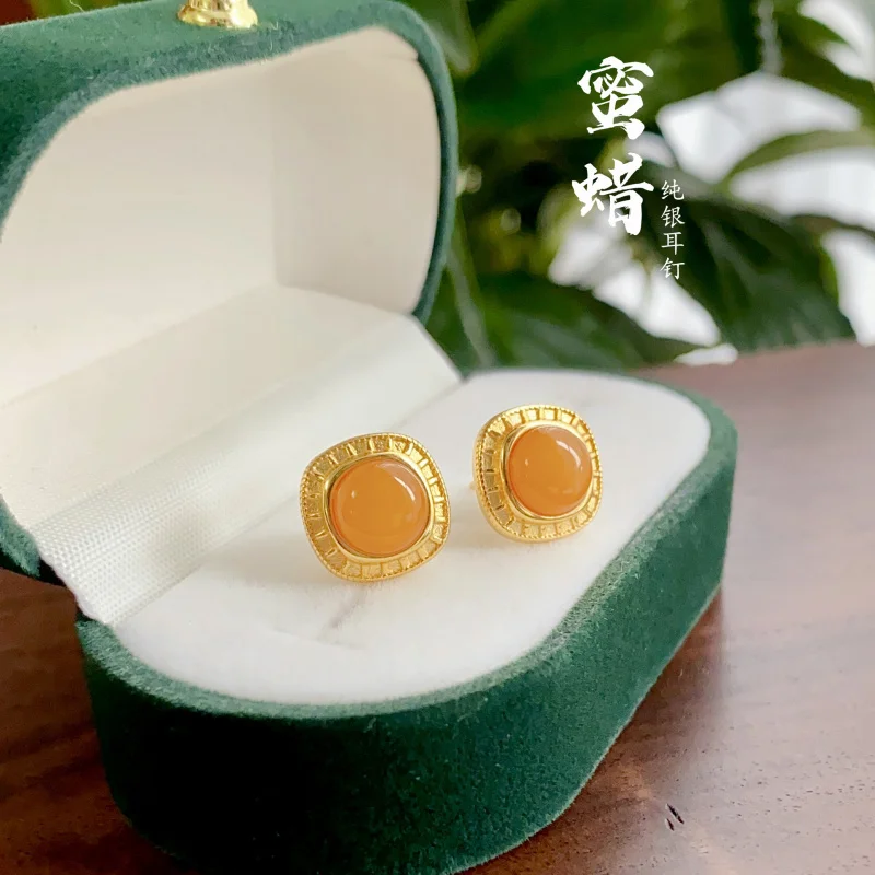 

Серьги из натурального старого серебра S925 с инкрустацией янтарем